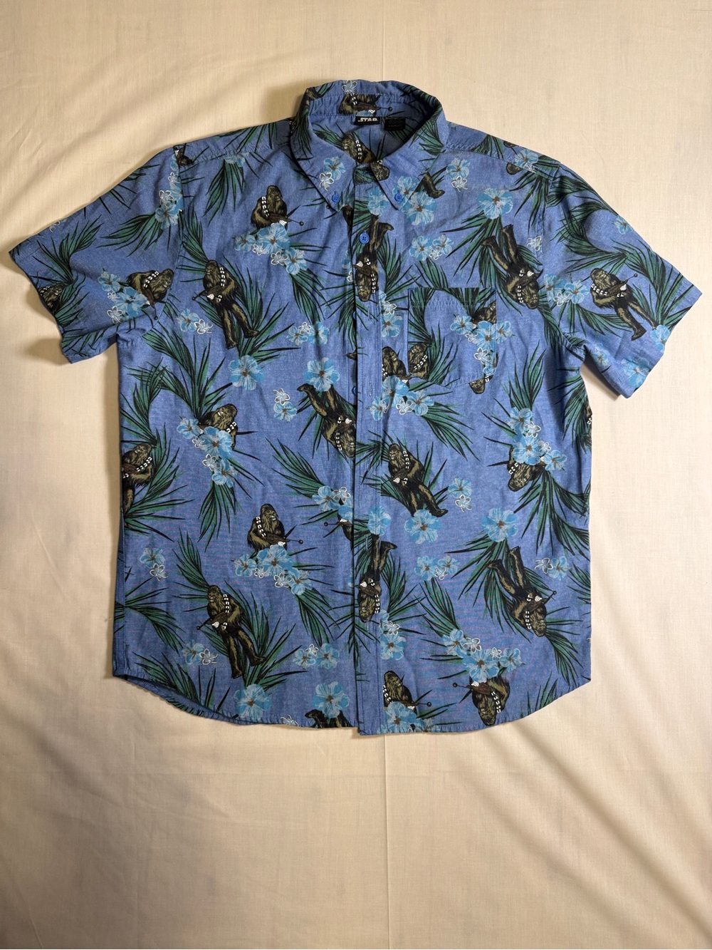 Star Wars Chewbacca Hawaiian Shirt Mens Large Blue Floral Aloha Button Down